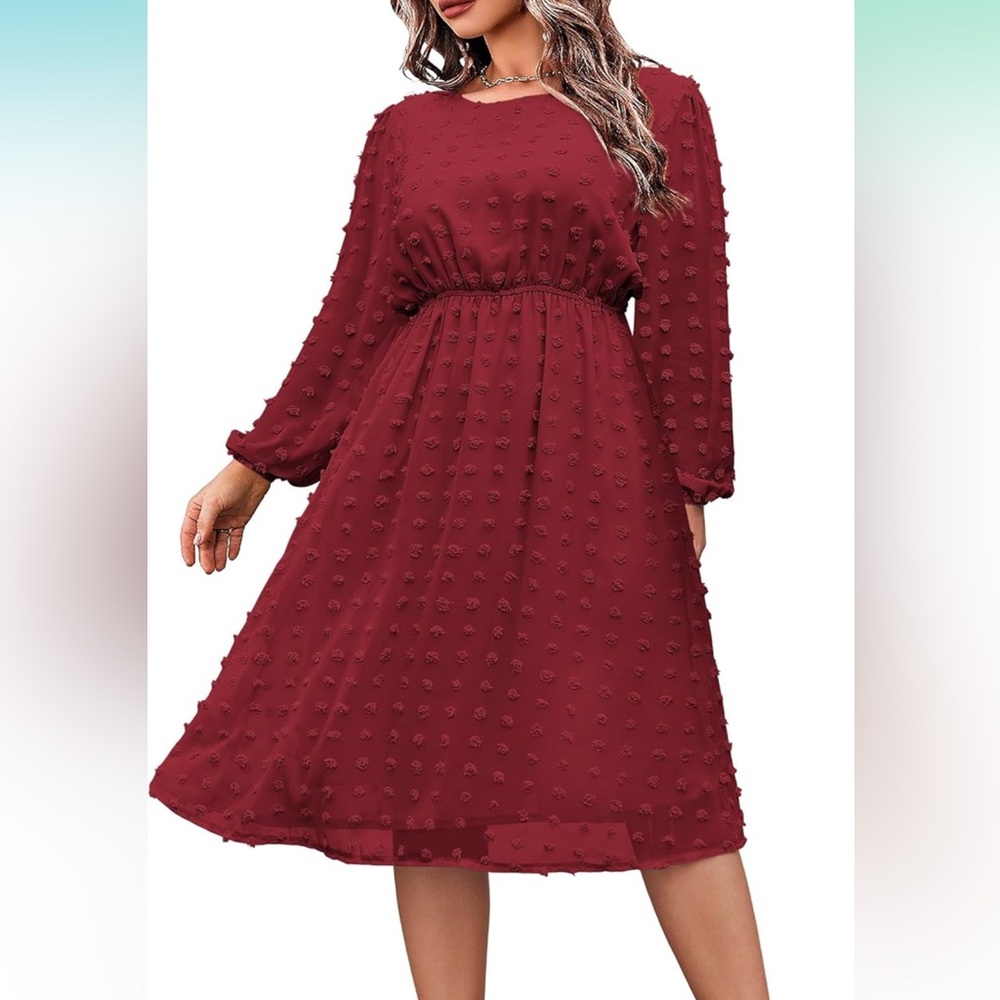 NWT IN’VOLAND Swiss Dot Midi Dress – Burgundy, Long Sleeve, Plus Size 16W